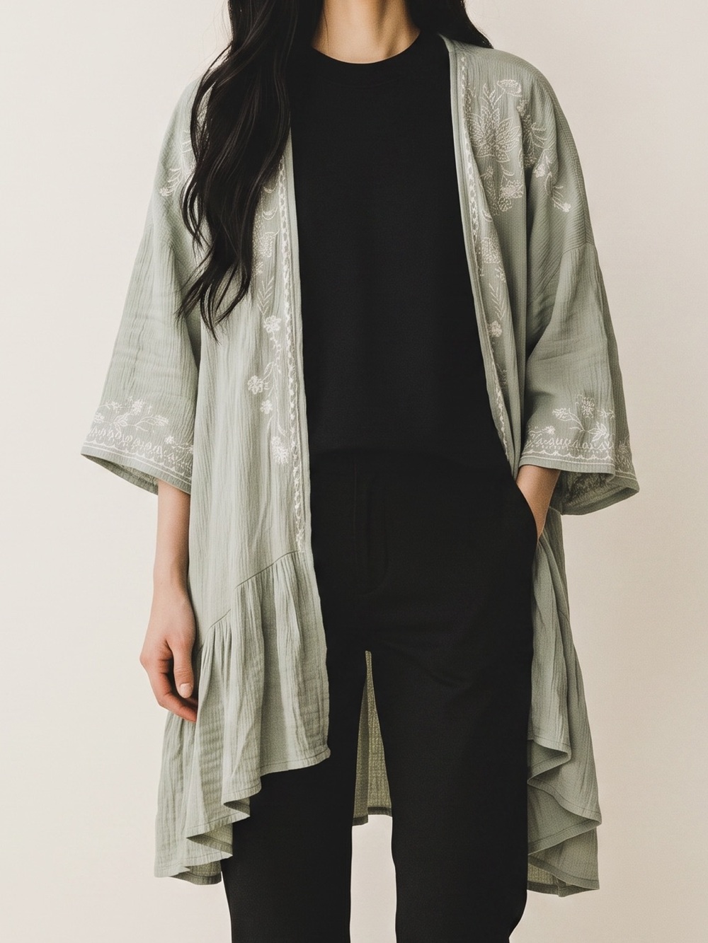 Knox Rose Sage Green Embroidered Open Front Cardigan